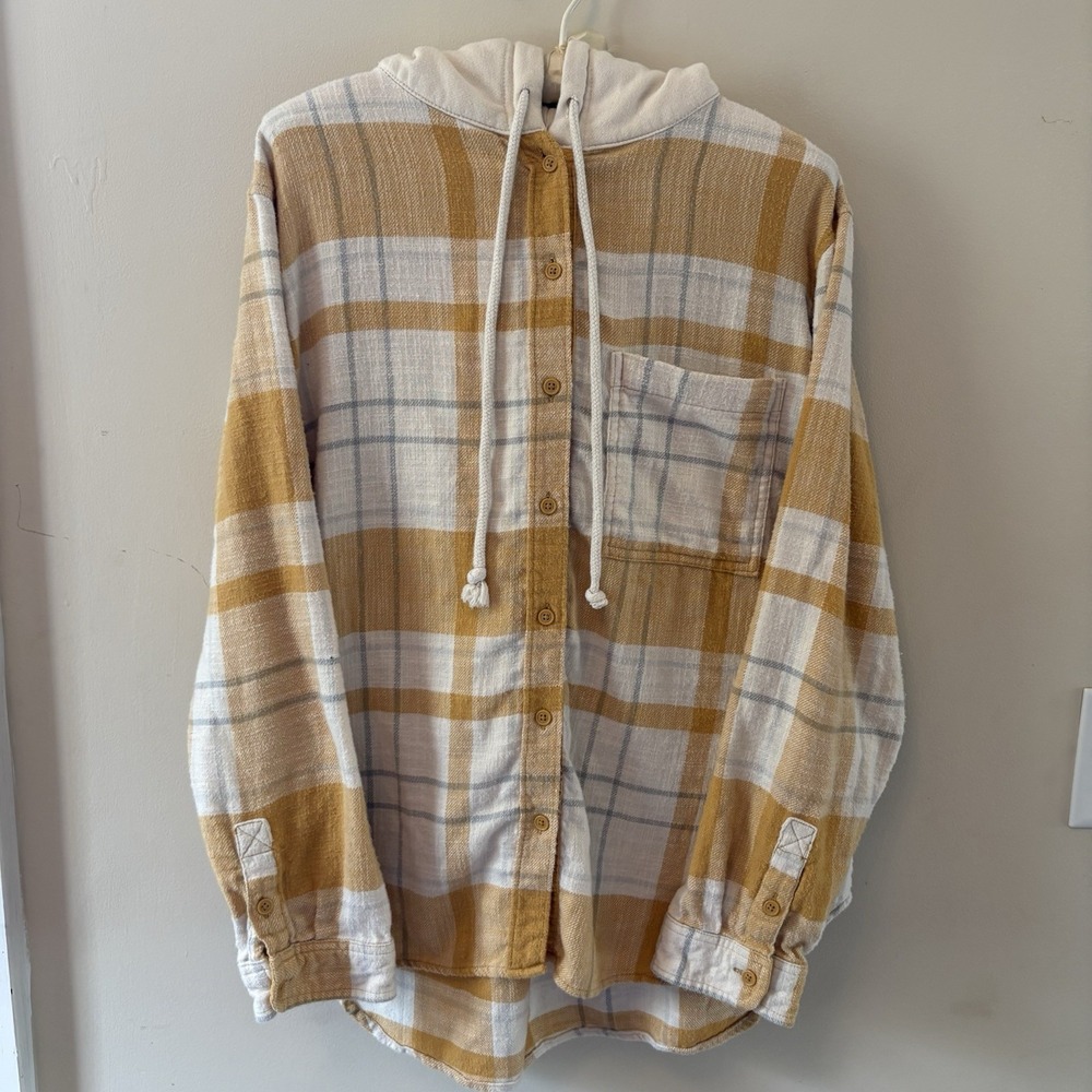 American Eagle Cozy Cabin Oversized Hoodie, Yellow Flannel, Size M 100% Cotton